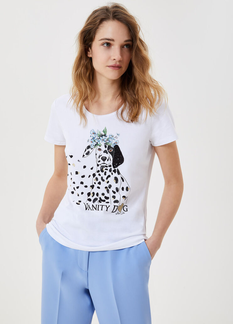 T-shirt con stampa e applicazioni