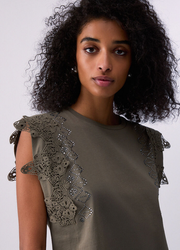 T-shirt con dettagli macram&egrave; verde oliva Liu Jo - medium
