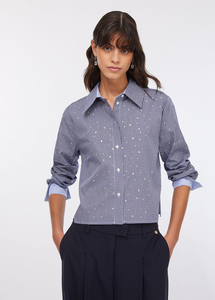 Chemise en popeline avec strass carreaux bleu foncé Liu Jo - large image number 4