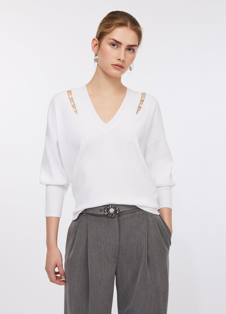 Pullover mit eingefassten Schmucksteinen Wollweiß Liu Jo - medium