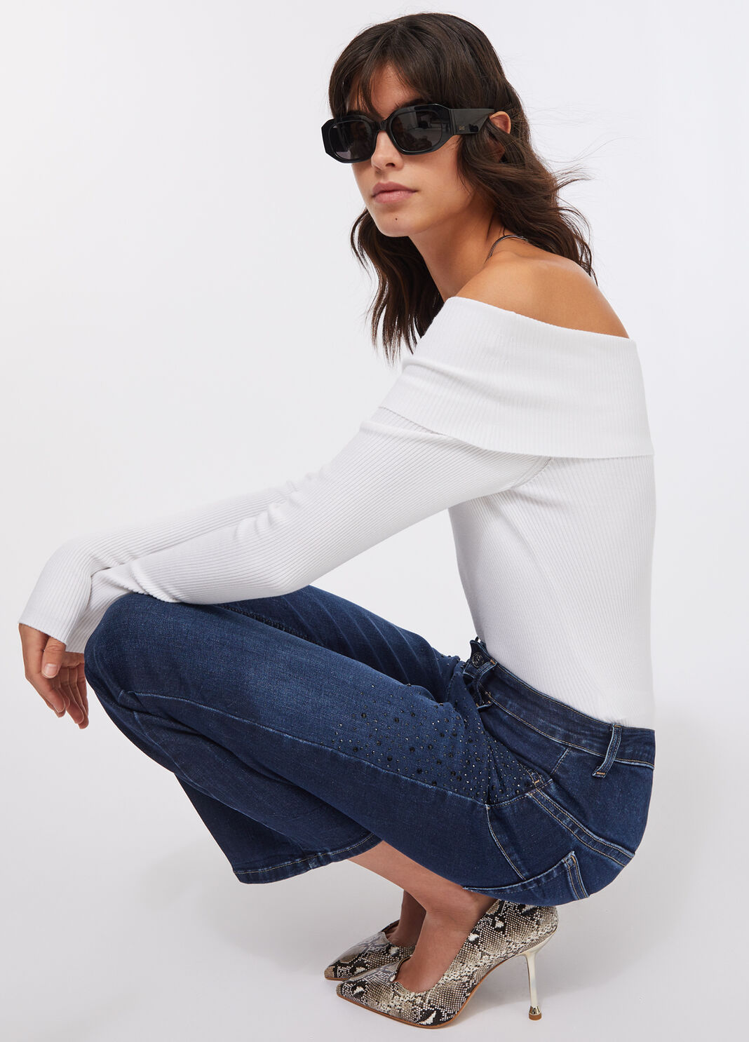 Cropped flared jeans with gemstones dark blue denim Liu Jo - large image number 2