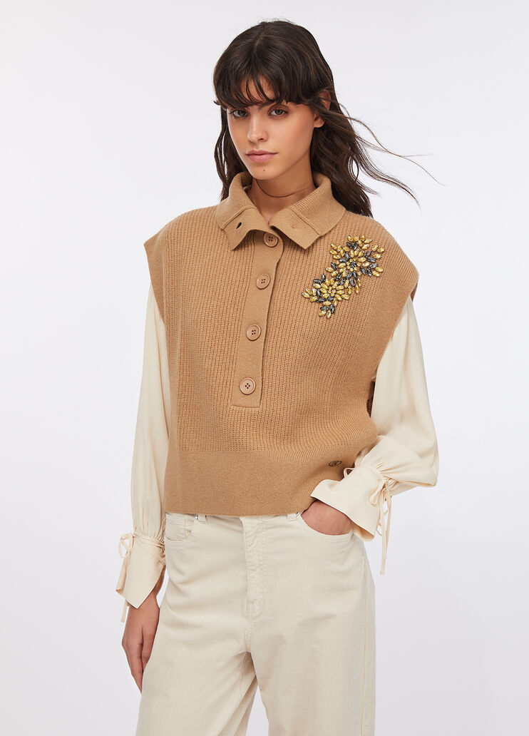 100% wool vest with bejewelled embroidery beige Liu Jo - large image number 0