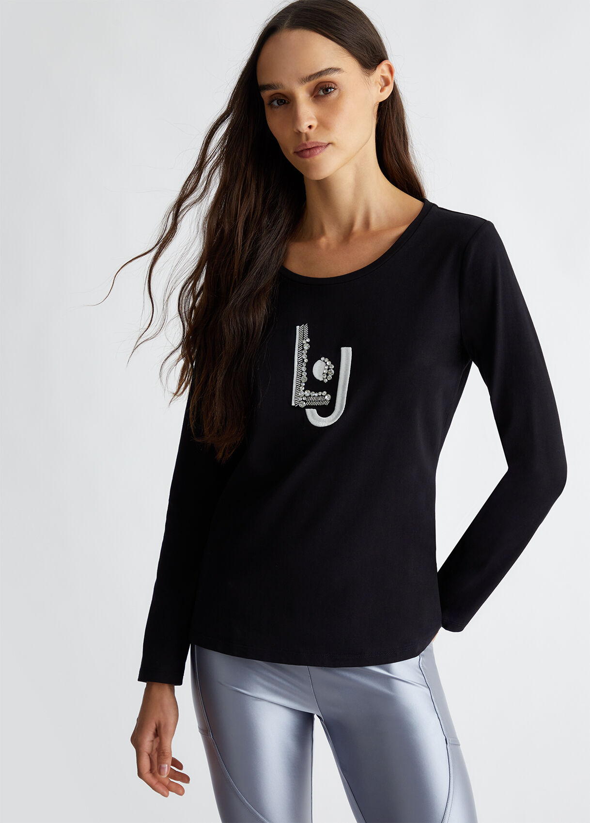 T shirt with appliques colour black gemstones Liu Jo