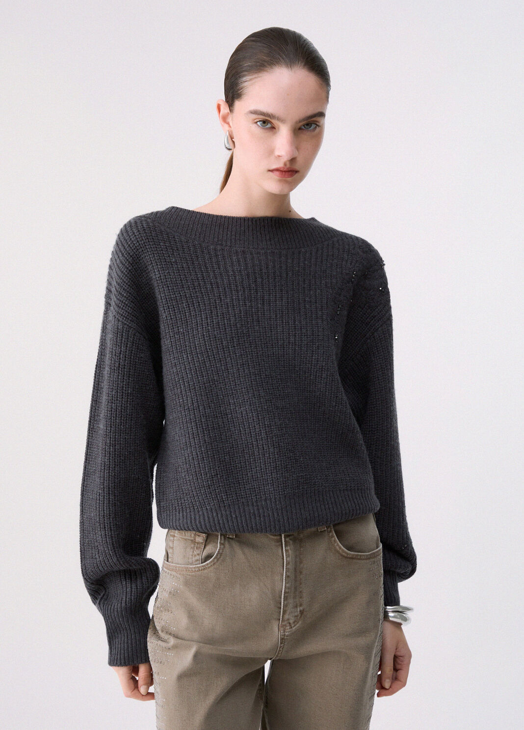 Knit in wool with embroidery anthracite m&eacute;lange Liu Jo - large image number 0