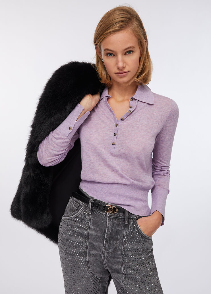 Cotton and cashmere polo shirt lilac Liu Jo - large image number 4 Cotton and cashmere polo shirt lilac Liu Jo - large image number 4