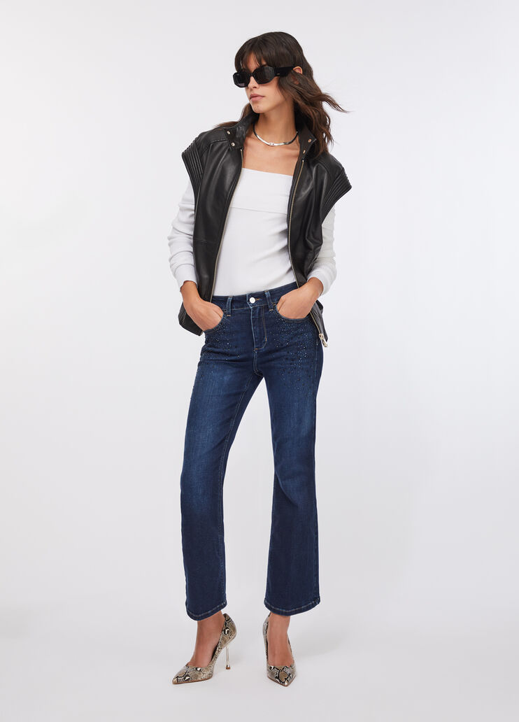 Cropped flared jeans with gemstones dark blue denim Liu Jo - medium