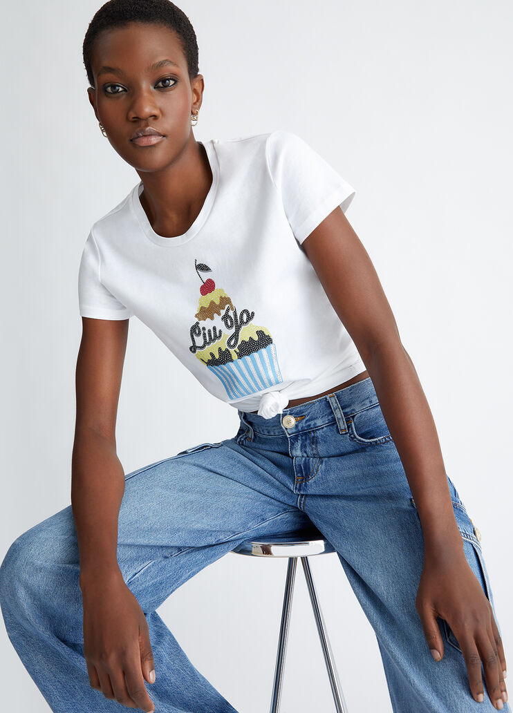 T-Shirt mit Cupcake-Print und Strass Farbe Cupcake | Liu Jo