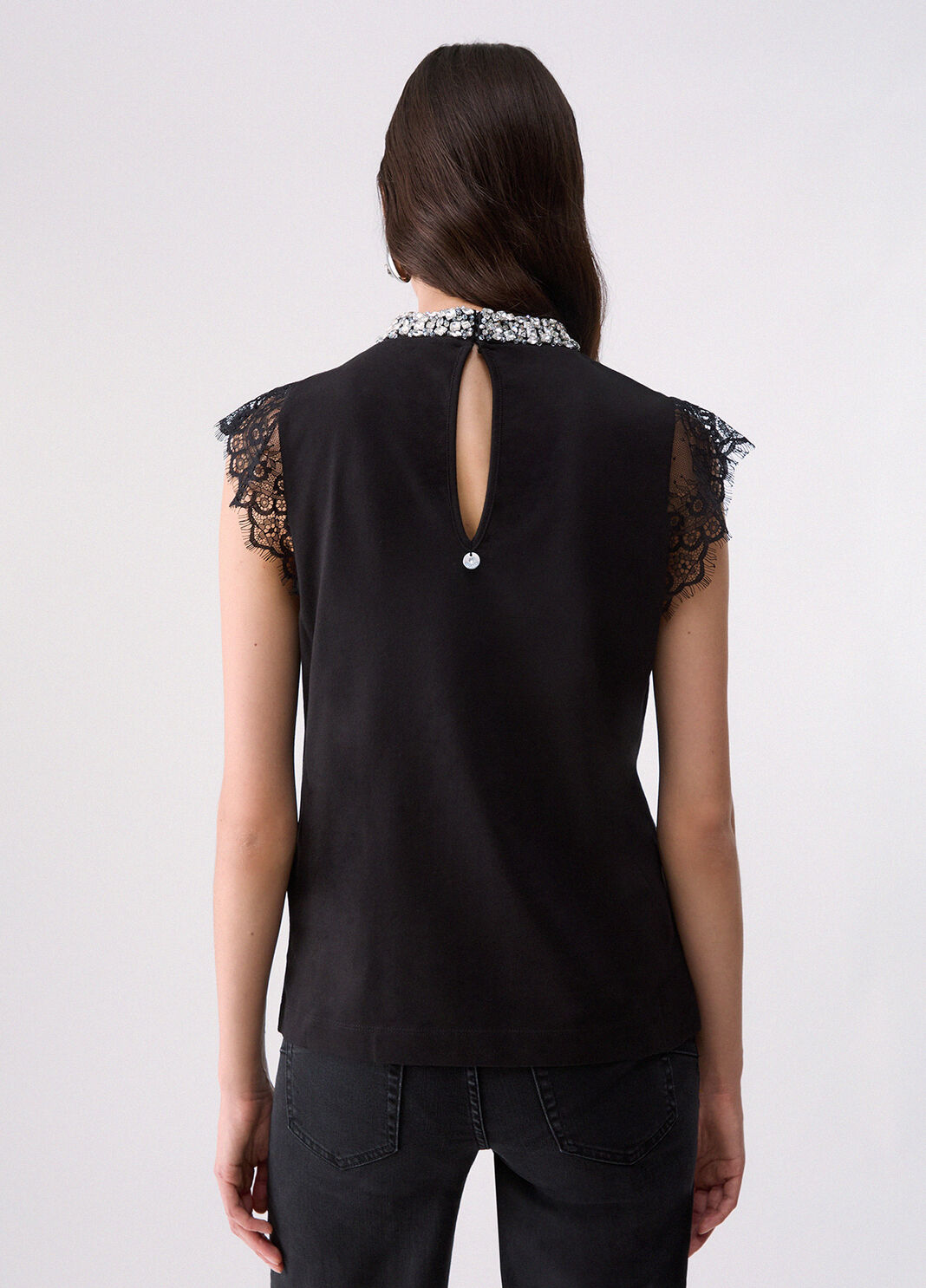 T-shirt with lace and rhinestones black Liu Jo - large image number 1