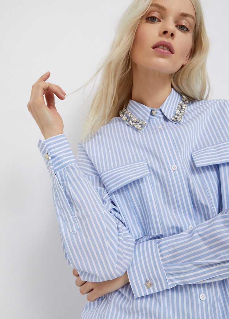 Striped shirt with jewel bezels white/blue Liu Jo - large image number 2 Striped shirt with jewel bezels white/blue Liu Jo - large image number 2