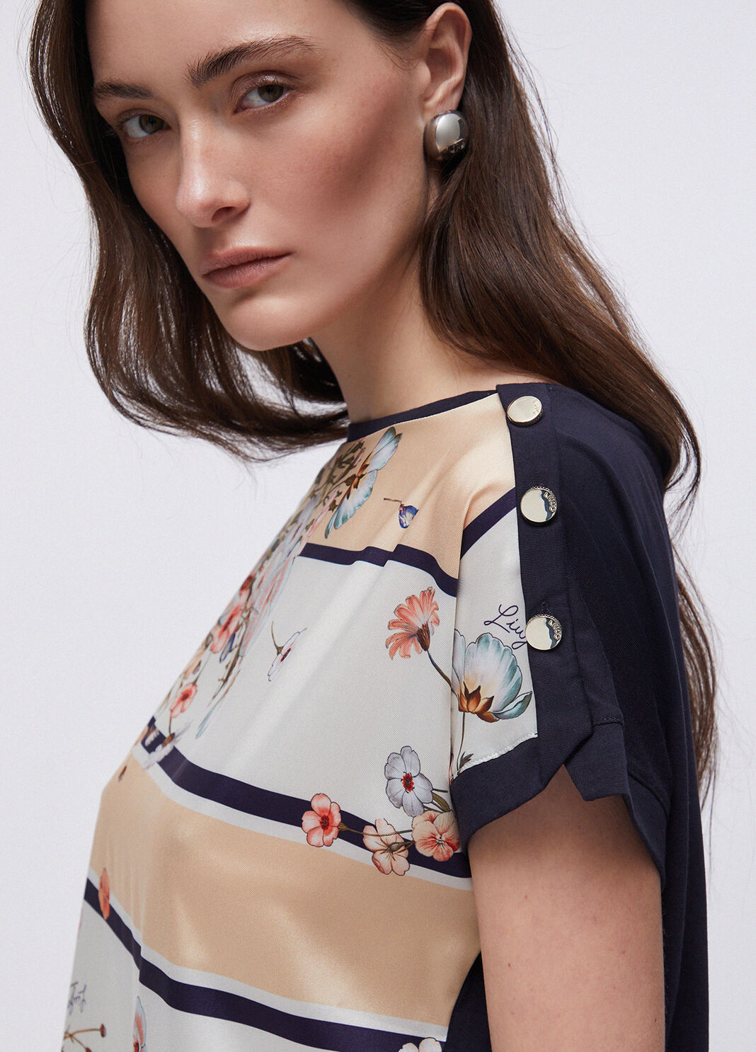 T-Shirt mit Einsatz aus bedrucktem Twill Dunkelblau Liu Jo - large image number 4