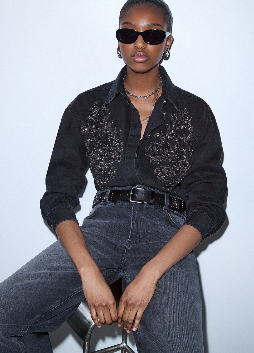 Denim bodysuit shirt with embroidery black denim Liu Jo - large image number 2