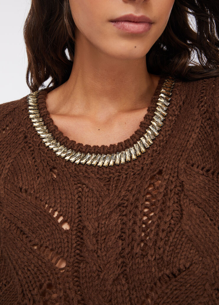 Openwork jumper with gemstones chocolate Liu Jo - large image number 2 Openwork jumper with gemstones chocolate Liu Jo - large image number 2