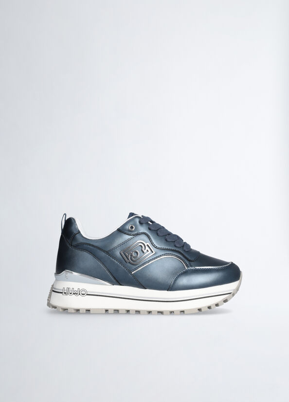 Metallic-effect leather platform sneakers Blue Liu Jo - large image number 0