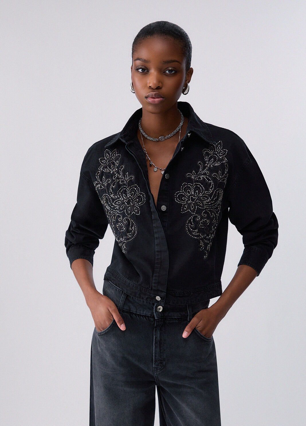 Denim bodysuit shirt with embroidery black denim Liu Jo - large image number 0