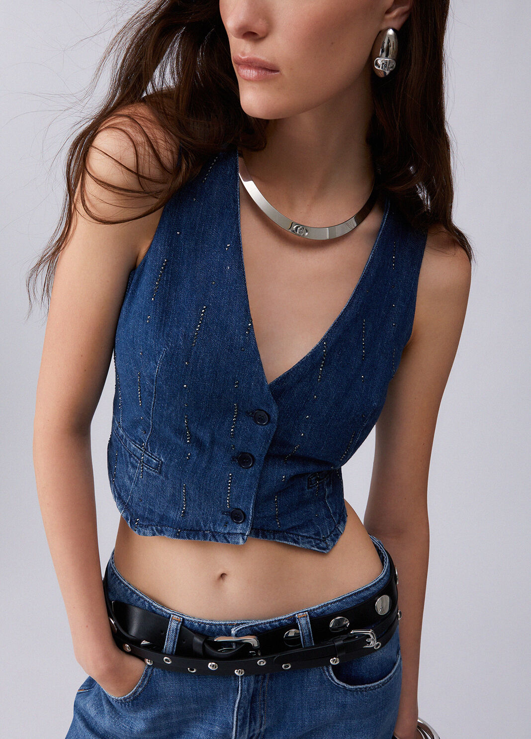 Denim waistcoat with rhinestones blue denim Liu Jo - large image number 4