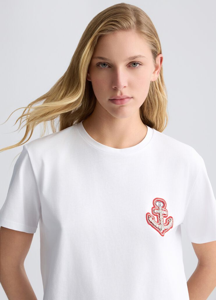Cotton T-shirt with embroidery and rhinestones white/anchor Liu Jo - medium Cotton T-shirt with embroidery and rhinestones white/anchor Liu Jo - medium