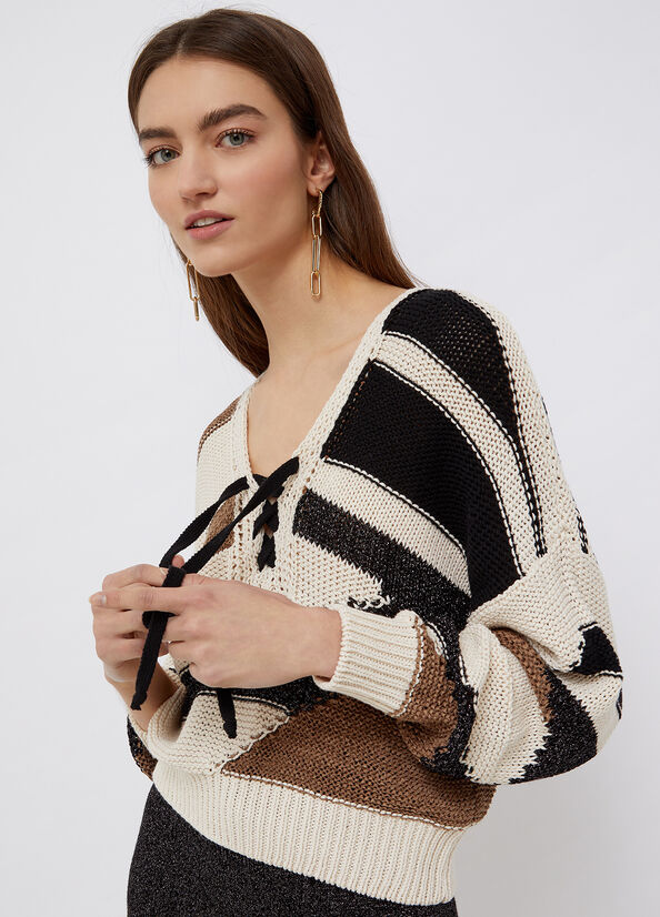 Colour block jumper with inlays white/brown Liu Jo - large image number 0