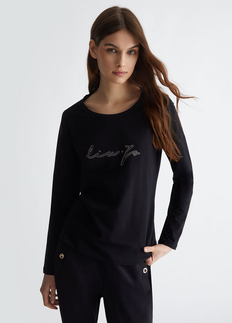 T-Shirt mit Logo und Strass Farbe Schwarz/Liu Jo | Liu Jo