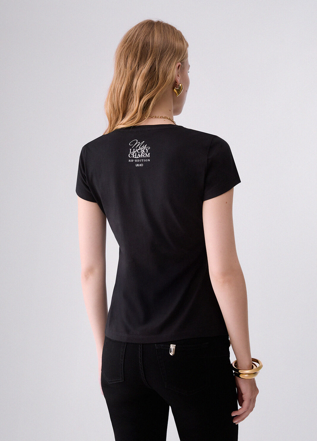 T-shirt with jewel embroidery black/four-leaf clover print Liu Jo - large image number 1