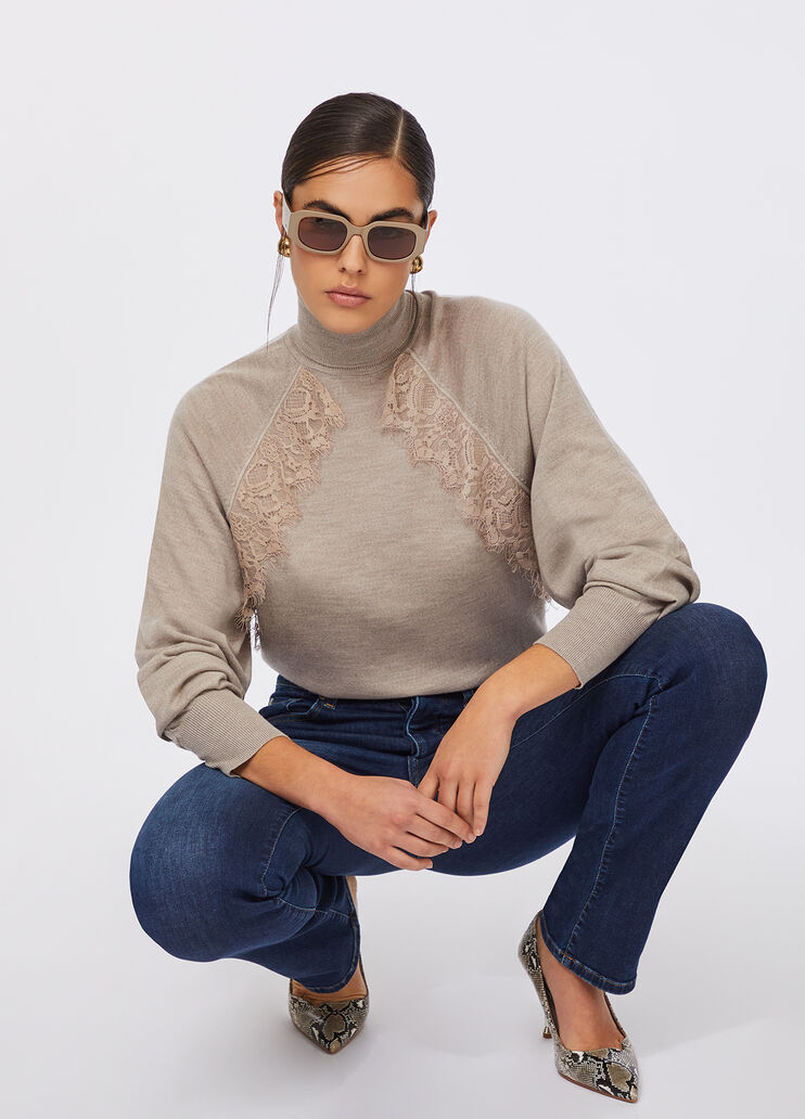 Pull à col roulé en laine avec dentelle gris tourterelle Liu Jo - medium