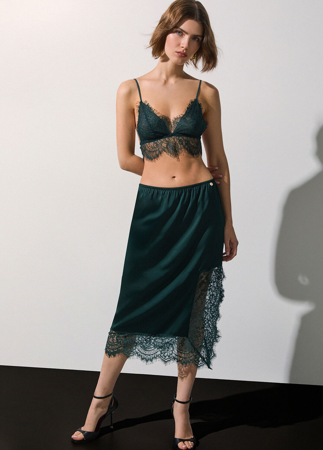 Satin midi skirt with Valenciennes lace dark green Liu Jo - large image number 2