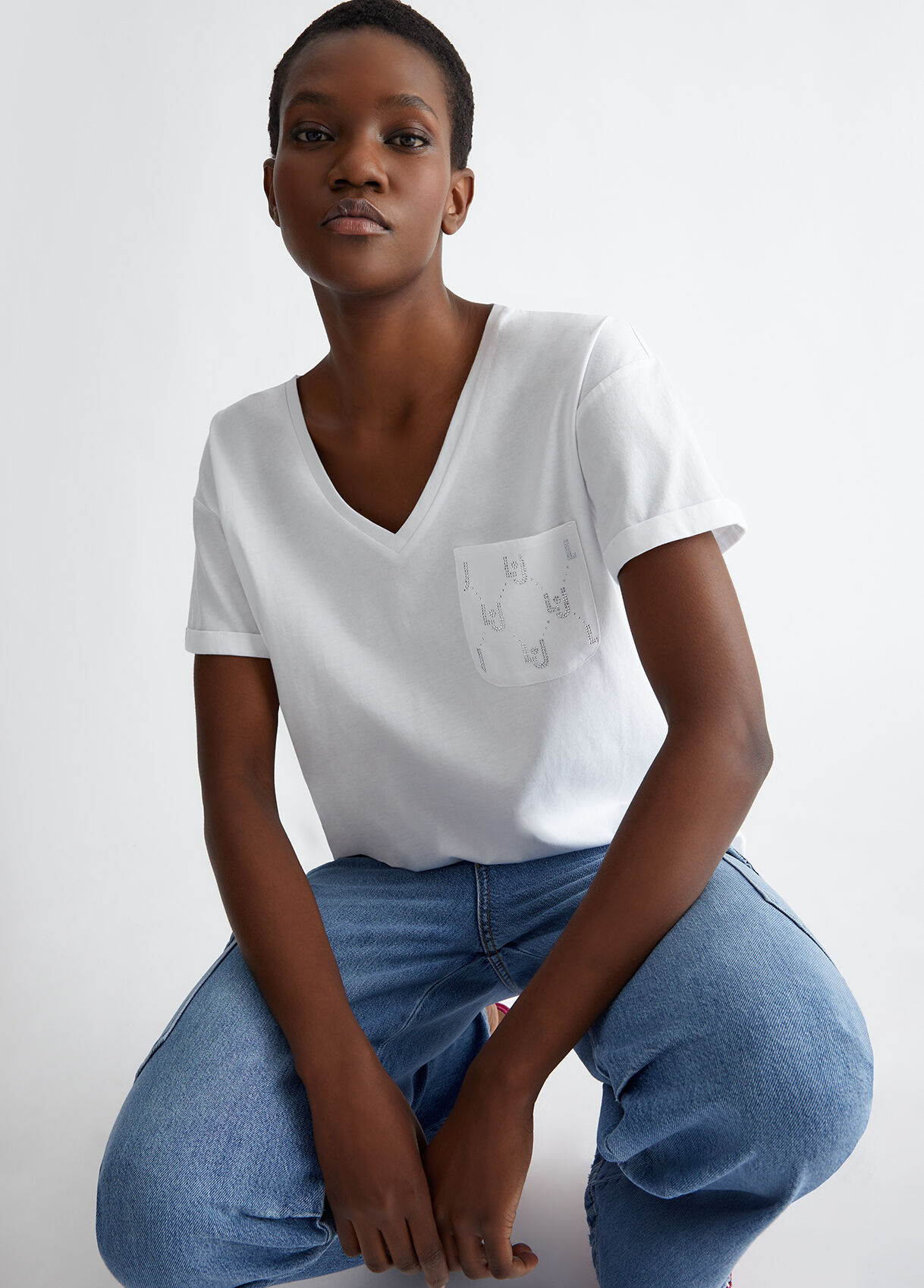 T shirt with pocket and rhinestones