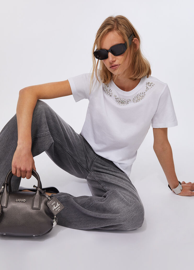 T-shirt with jewel embroidery white/gemstones Liu Jo - large image number 4