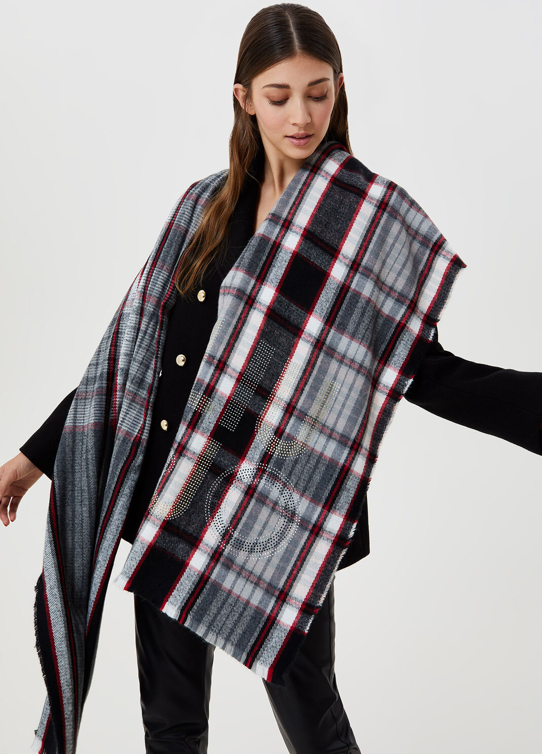 Check scarf with logo Grey Liu Jo - large image number 1