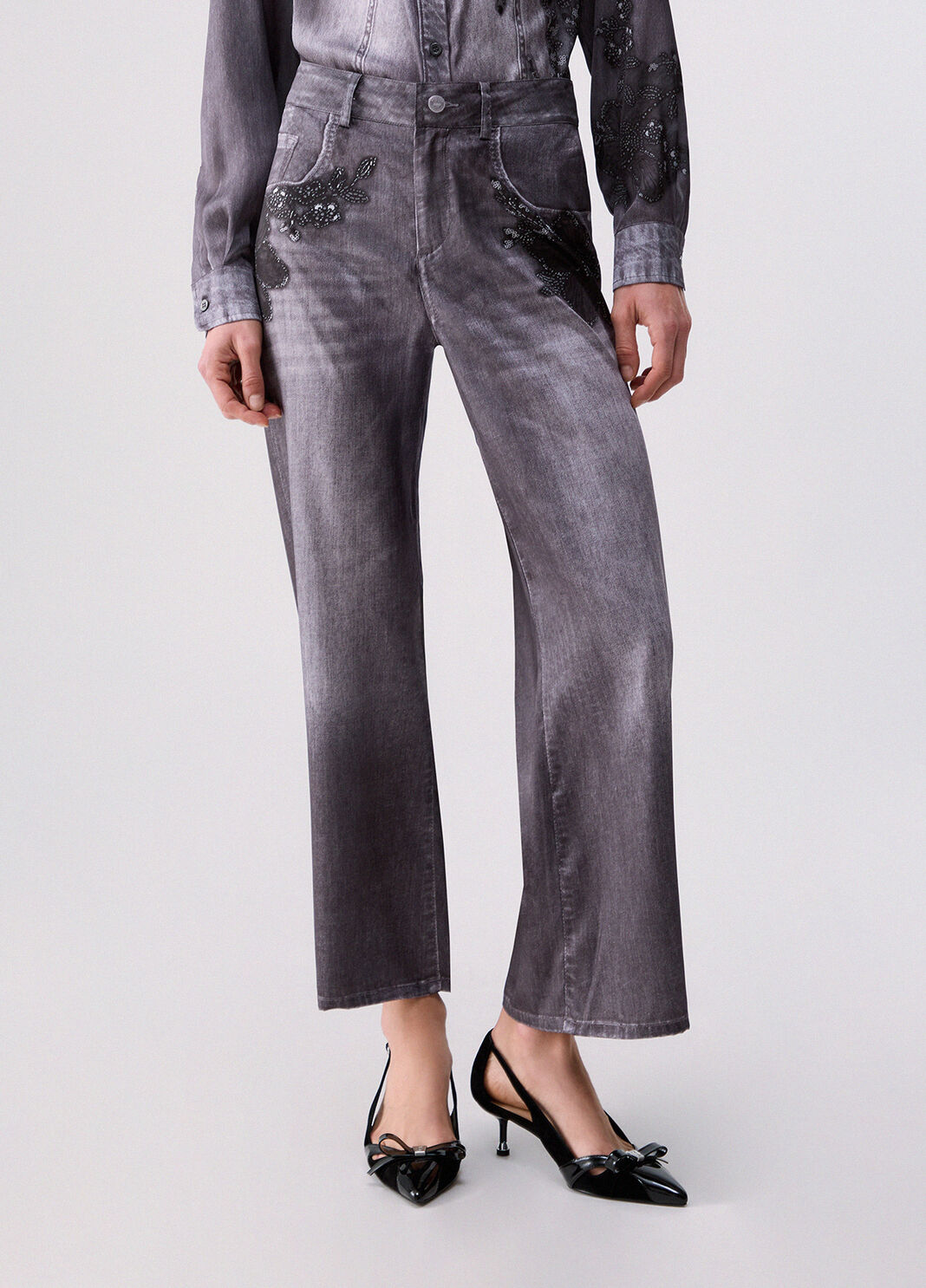 Straight-leg trousers with print digital grey with flowers Liu Jo - large image number 0