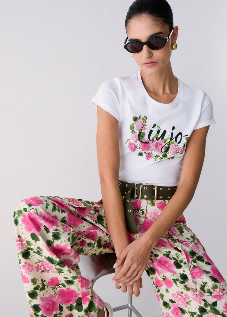 Printed T-shirt with rhinestones white/pink Liu Jo - medium