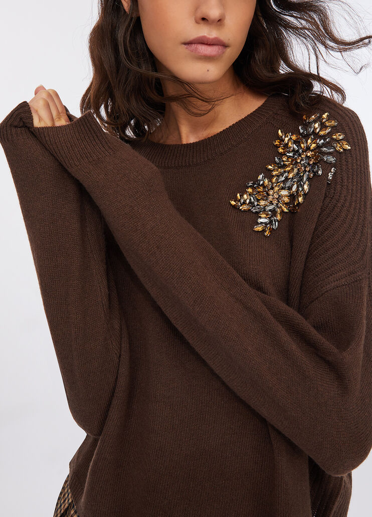 100% wool jumper with bejewelled embroidery chocolate Liu Jo - large image number 4