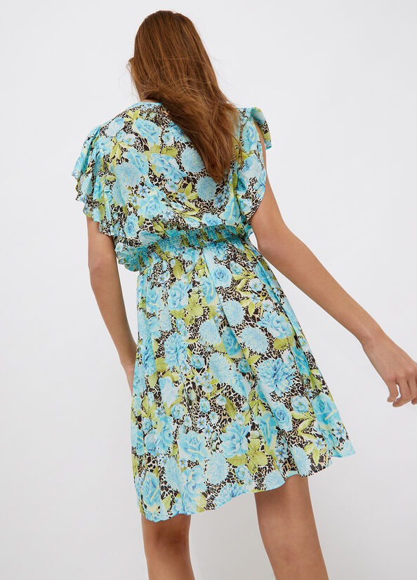 Short flowery dress animal-print turquoise flowers Liu Jo - large image number 1