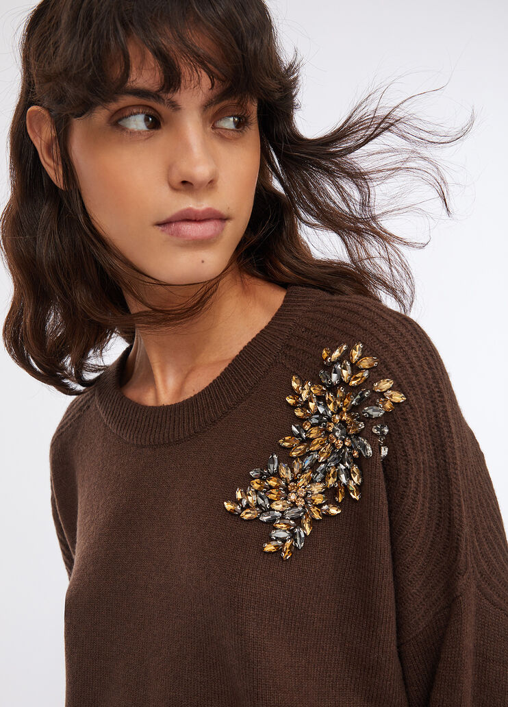100% wool jumper with bejewelled embroidery chocolate Liu Jo - medium
