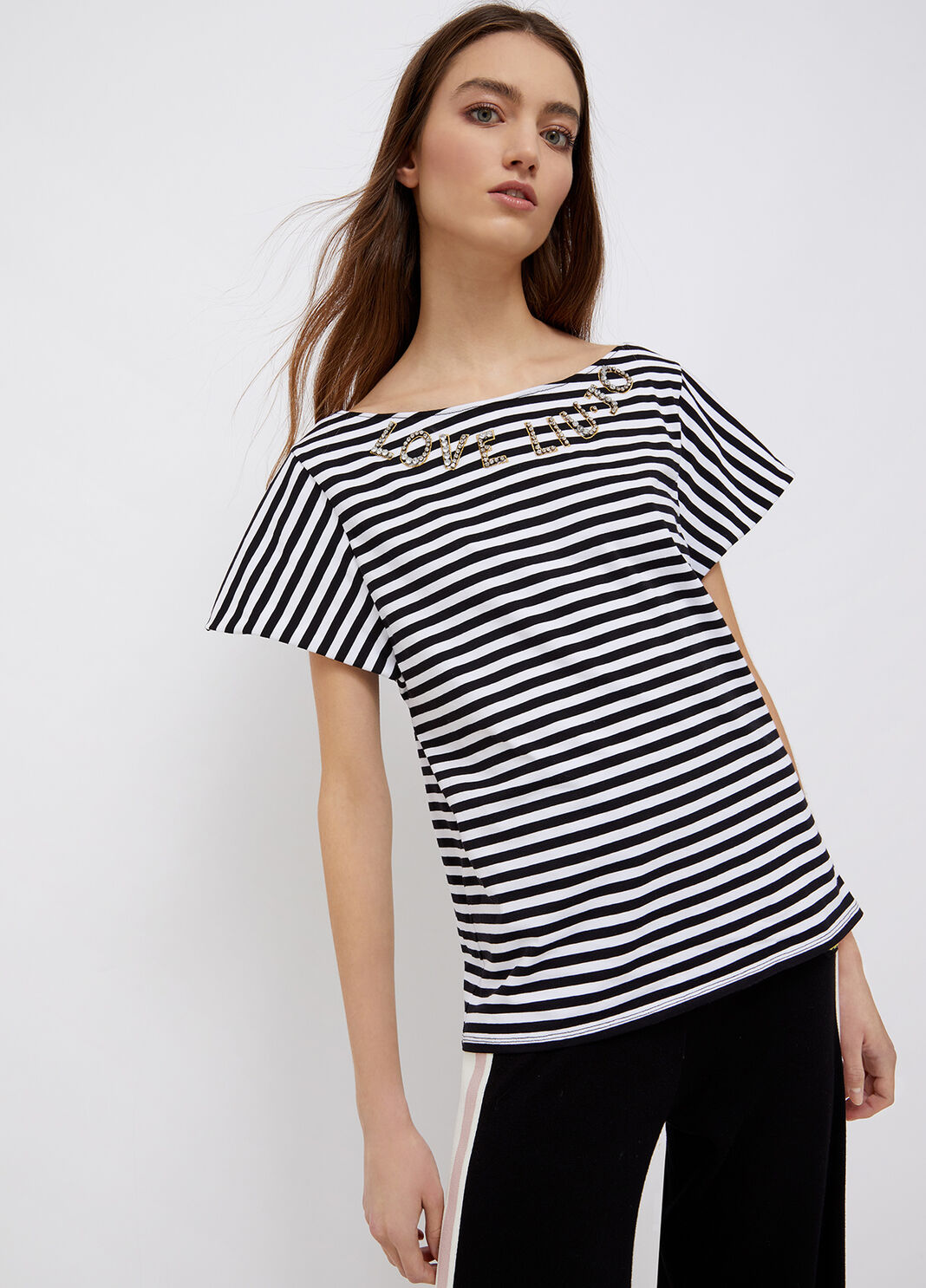 Striped t-shirt with jewel embroidery white/black Liu Jo - large image number 0
