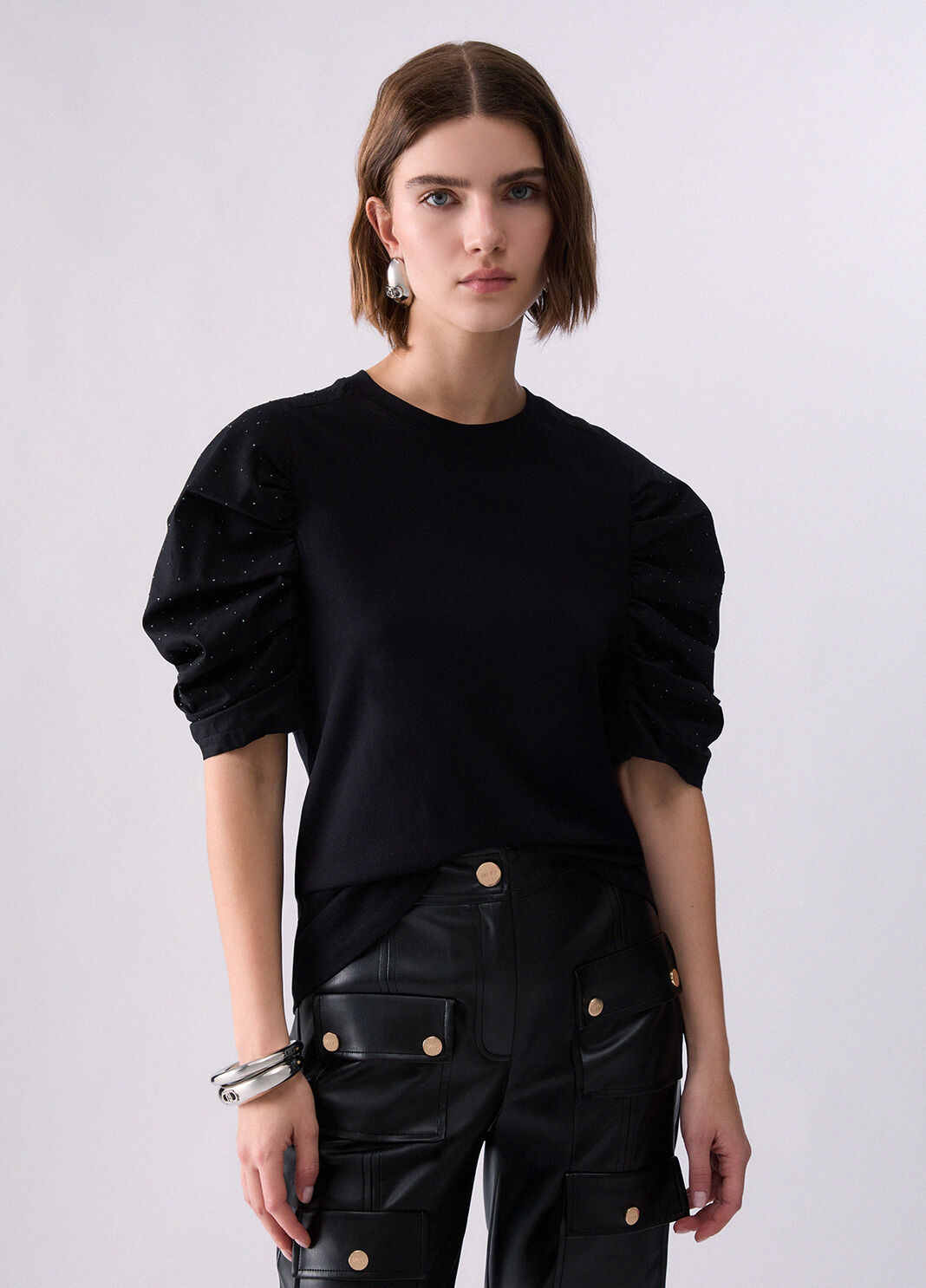 T-shirt bimateriale with sleeves a puff black Liu Jo - large image number 0