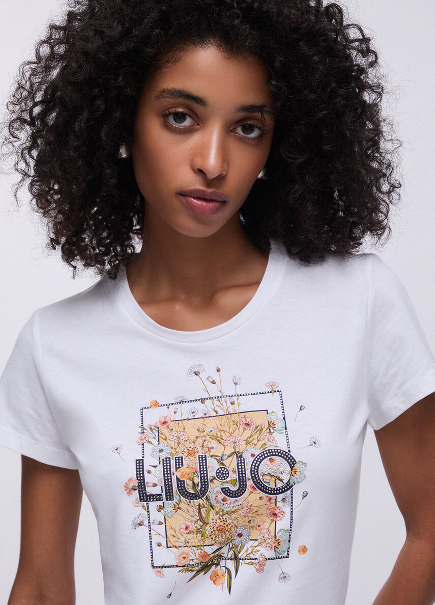 Printed T-shirt with rhinestones colour white/foulard | Liu Jo
