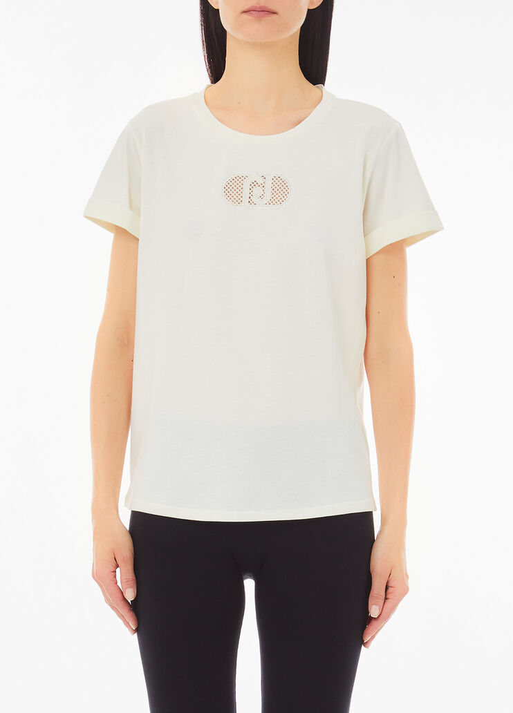 Cotton T-shirt with logo and rhinestones white/monogram Liu Jo - medium