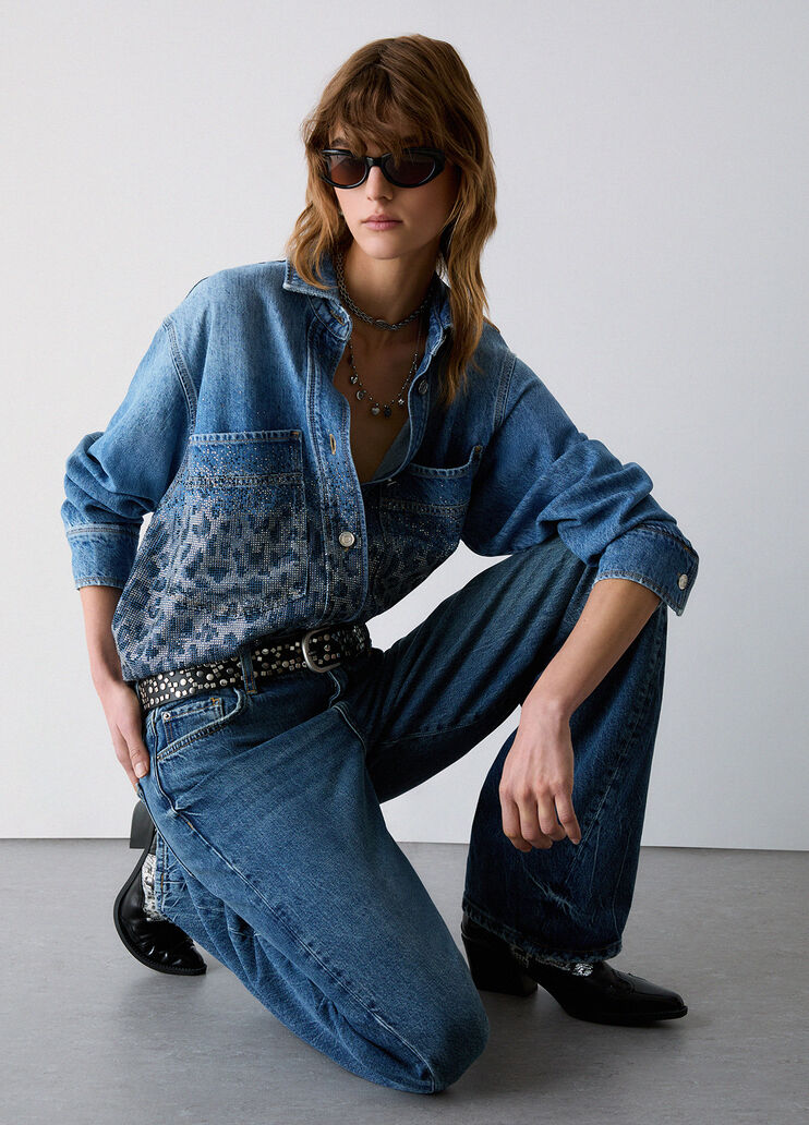 Overshirt in denim with rhinestones animal-print blue denim Liu Jo - medium