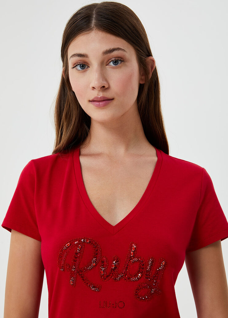 T-shirt with appliqués Cherry Red Liu Jo - large image number 2