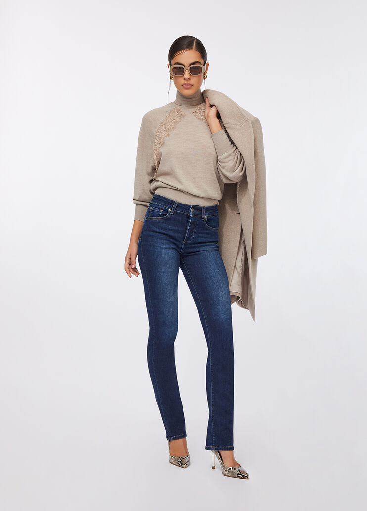 Pull à col roulé en laine avec dentelle gris tourterelle Liu Jo - large image number 5