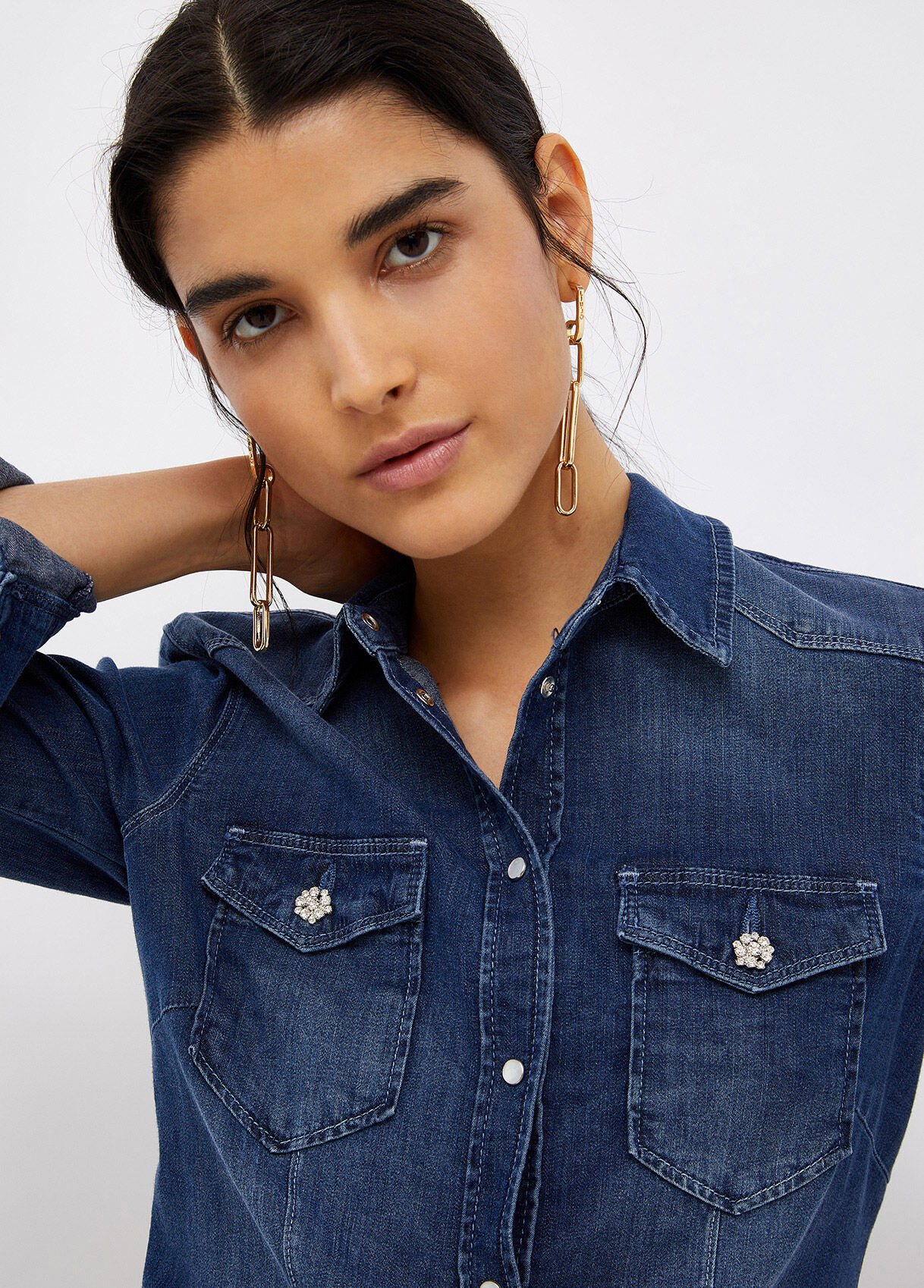 Denim shirt with jewel buttons