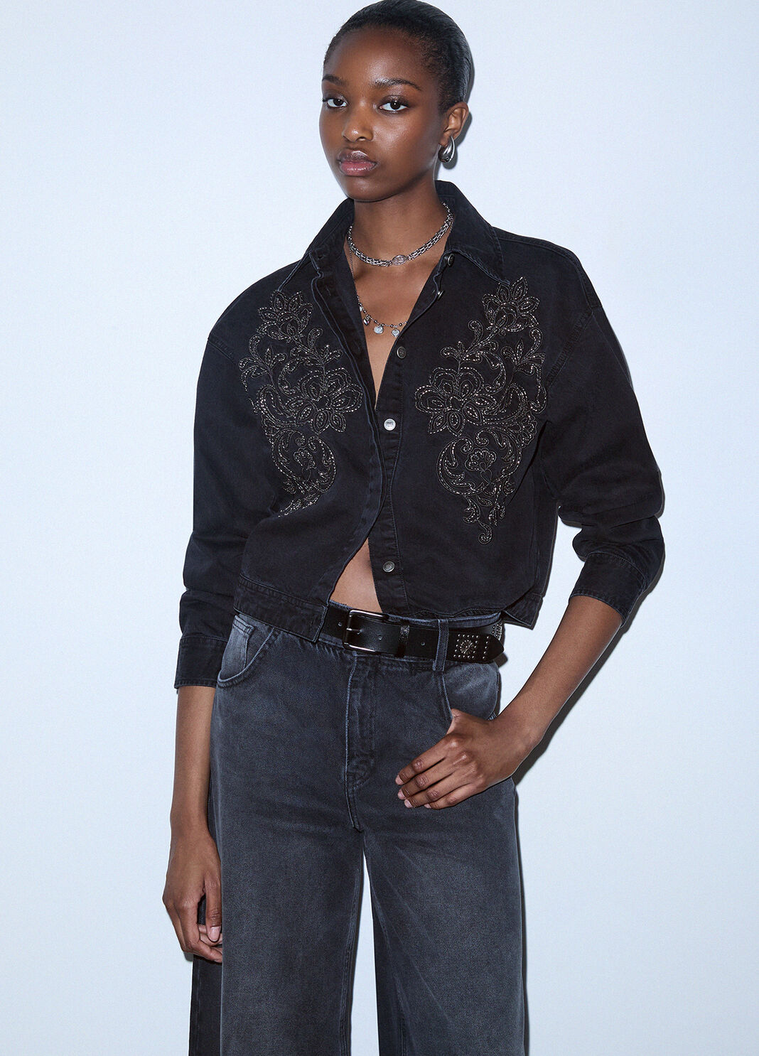 Denim bodysuit shirt with embroidery black denim Liu Jo - large image number 3
