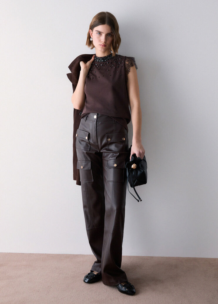 T-shirt with lace and rhinestones mocha Liu Jo - medium