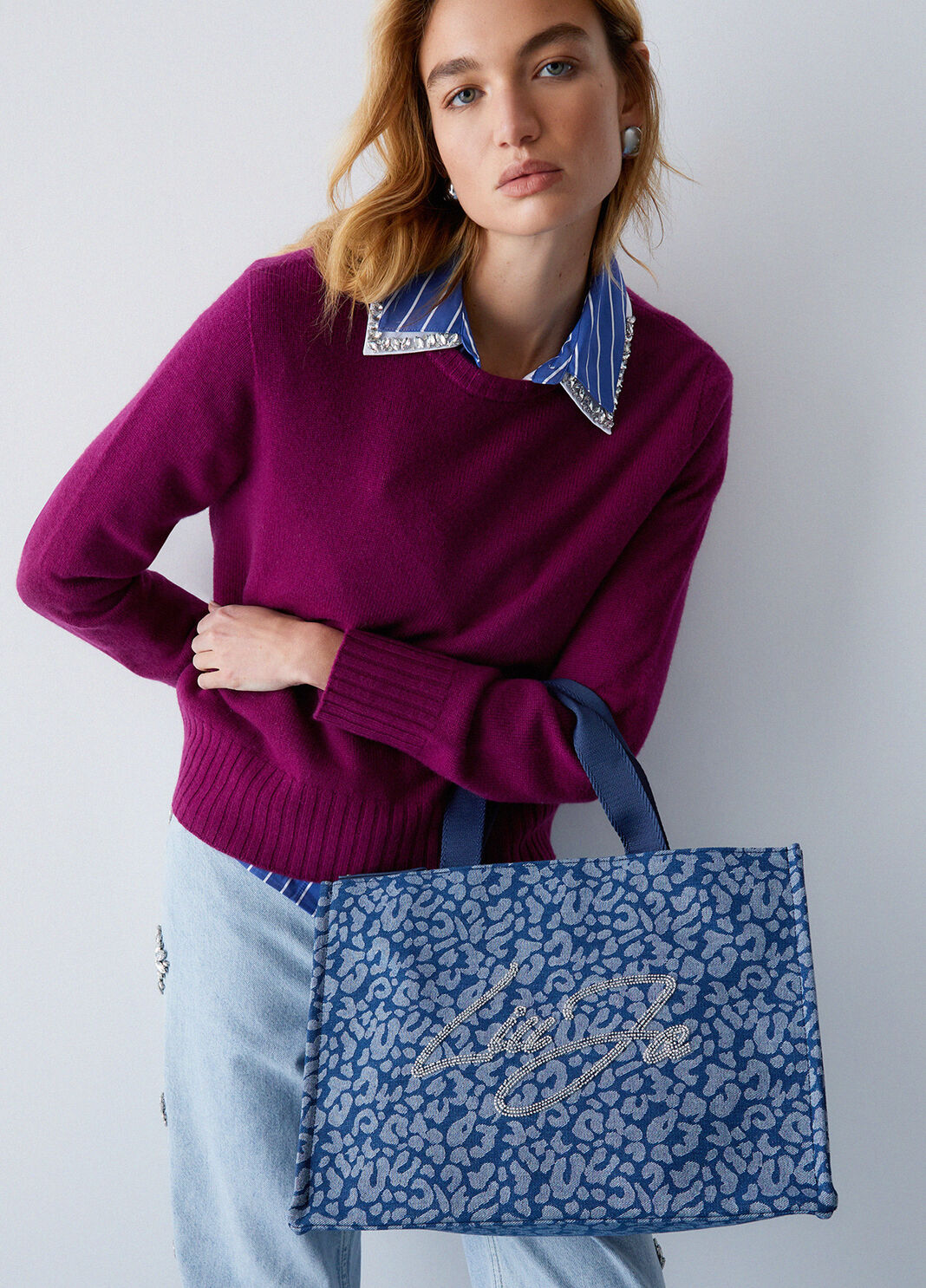 Large animal-print denim tote bag blue denim Liu Jo - large image number 0