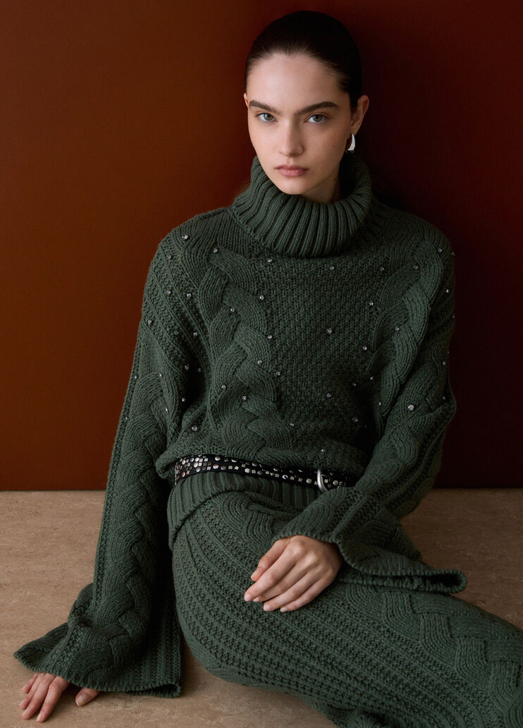 Rollkragenpullover mit Zopfmuster mit Strass Dunkelgr&uuml;n Liu Jo - medium