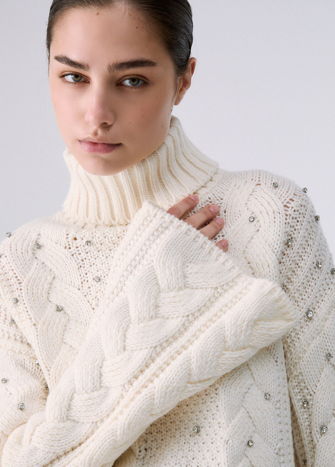 Cable Knit Turtleneck with Rhinestones white wool Liu Jo - large image number 4