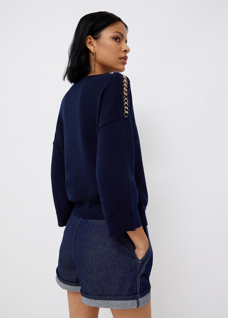 Eco-friendly sweater with jewel chain navy blue Liu Jo - large image number 1 Eco-friendly sweater with jewel chain navy blue Liu Jo - large image number 1