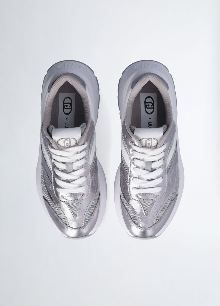 Leather and brighty mesh sneakers silver tone Liu Jo - large image number 4 Leather and brighty mesh sneakers silver tone Liu Jo - large image number 4