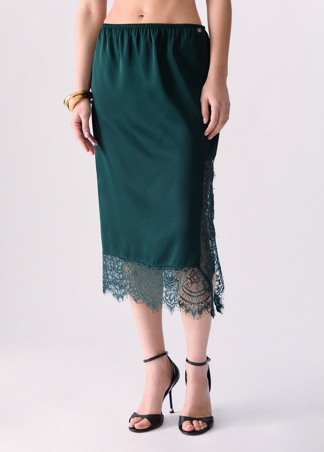 Satin midi skirt with Valenciennes lace dark green Liu Jo - large image number 0
