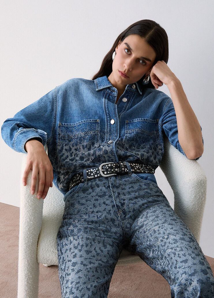 Denim Overshirt with Animal Print Rhinestones blue denim Liu Jo - medium